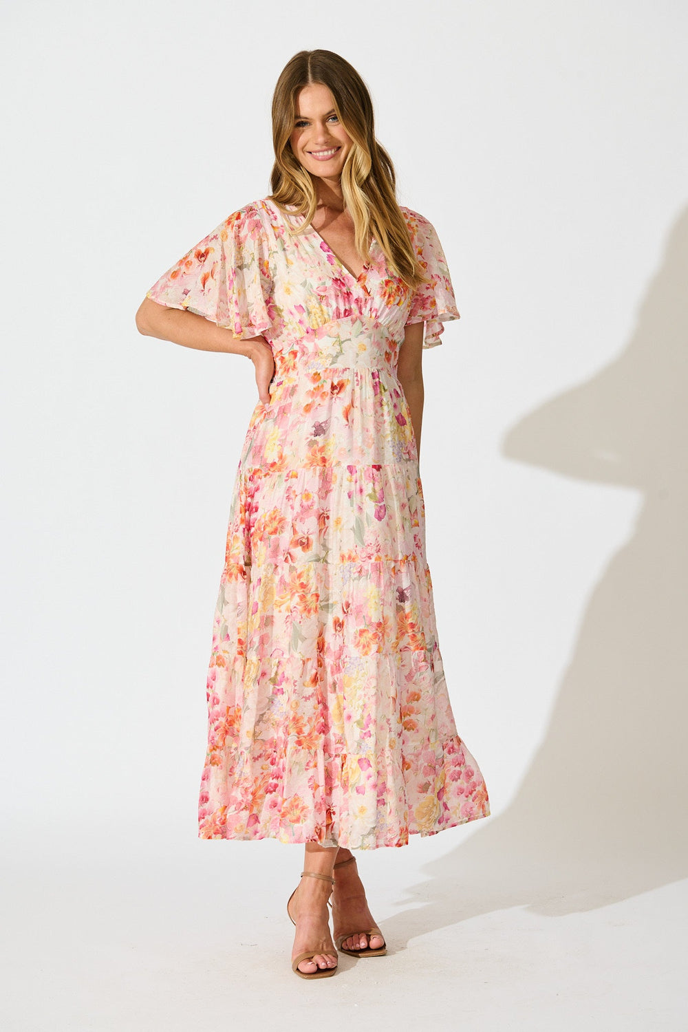Pastel Symphony Maxi Dress in White with Multi Blush Floral